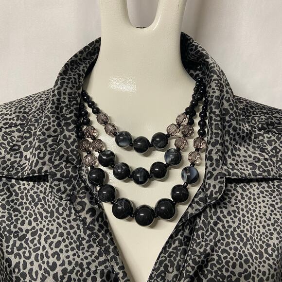 Layered Choker Round Black Swirl Beads Faceted Clear Crystal Vintage 3 Strand - Picture 5 of 6
